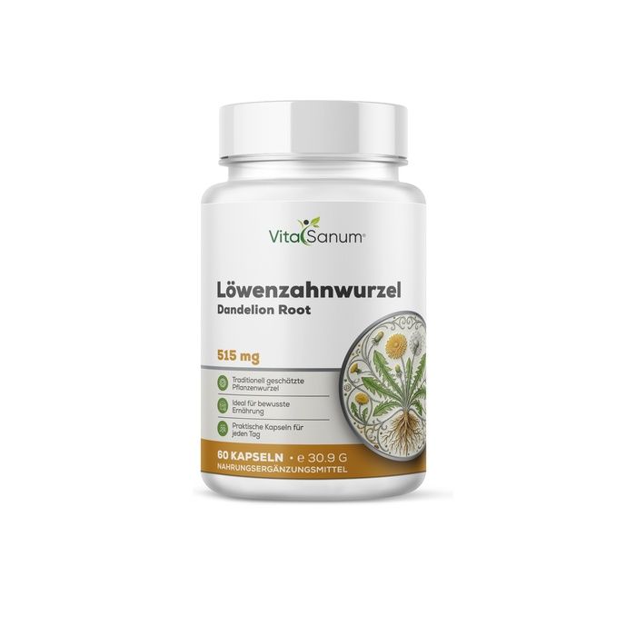 VitaSanum Löwenzahnwurzel Kapseln, 515 mg. Weißer Behälter mit Etikett, das eine Pflanze und Wurzel zeigt.