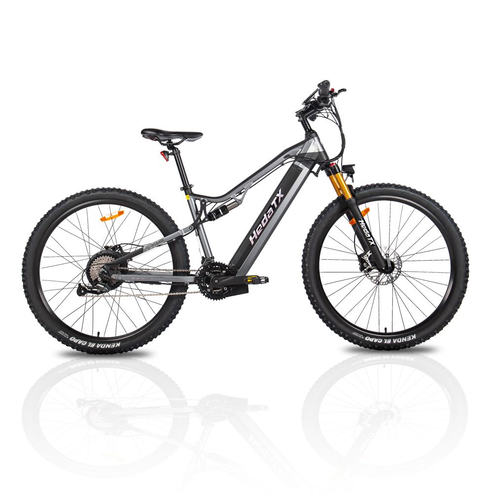 E-Mountainbike HedaTX TX19. Schwarz-grauer Rahmen, schwarze Reifen. Gelbe Federungselemente. Seitliche Ansicht, weißer Hintergrund.