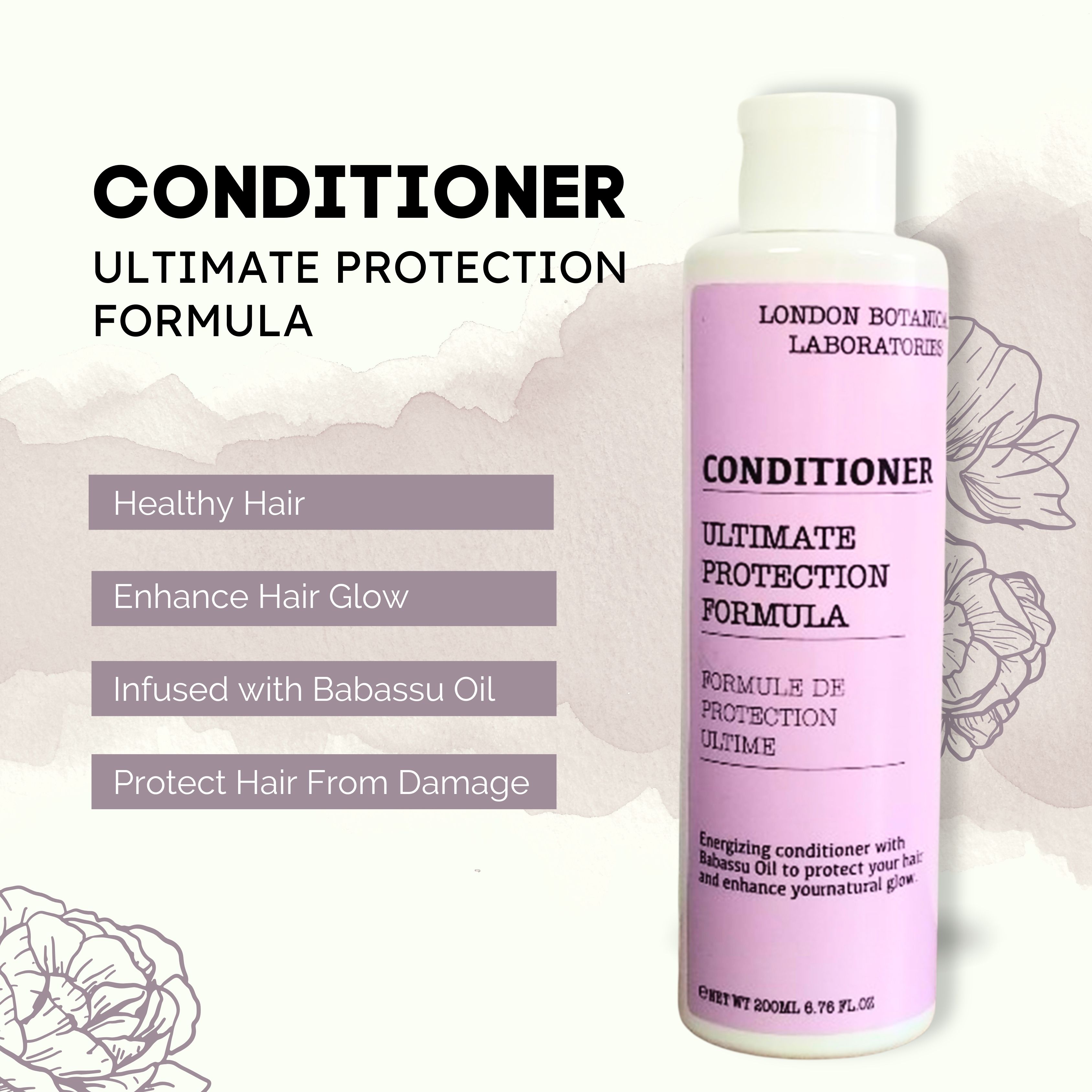 Flasche Conditioner. Aufschrift: London Botanical Laboratories, Conditioner, Ultimate Protection Formula. Rosa Etikett, weiße Kappe. Textfelder.
