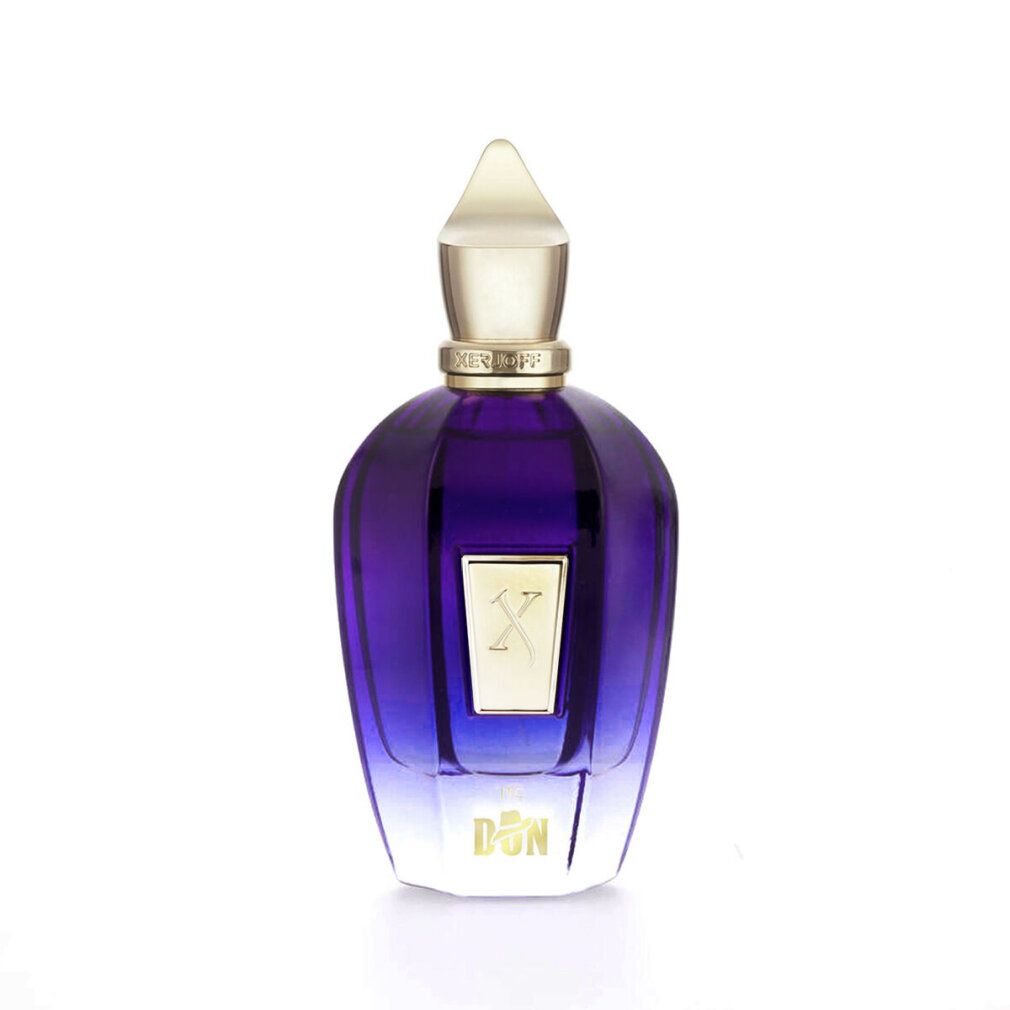 Blaue Parfumflasche mit goldener Kappe. Goldene Schrift auf der Flasche. Farbverlauf von blau nach klar.