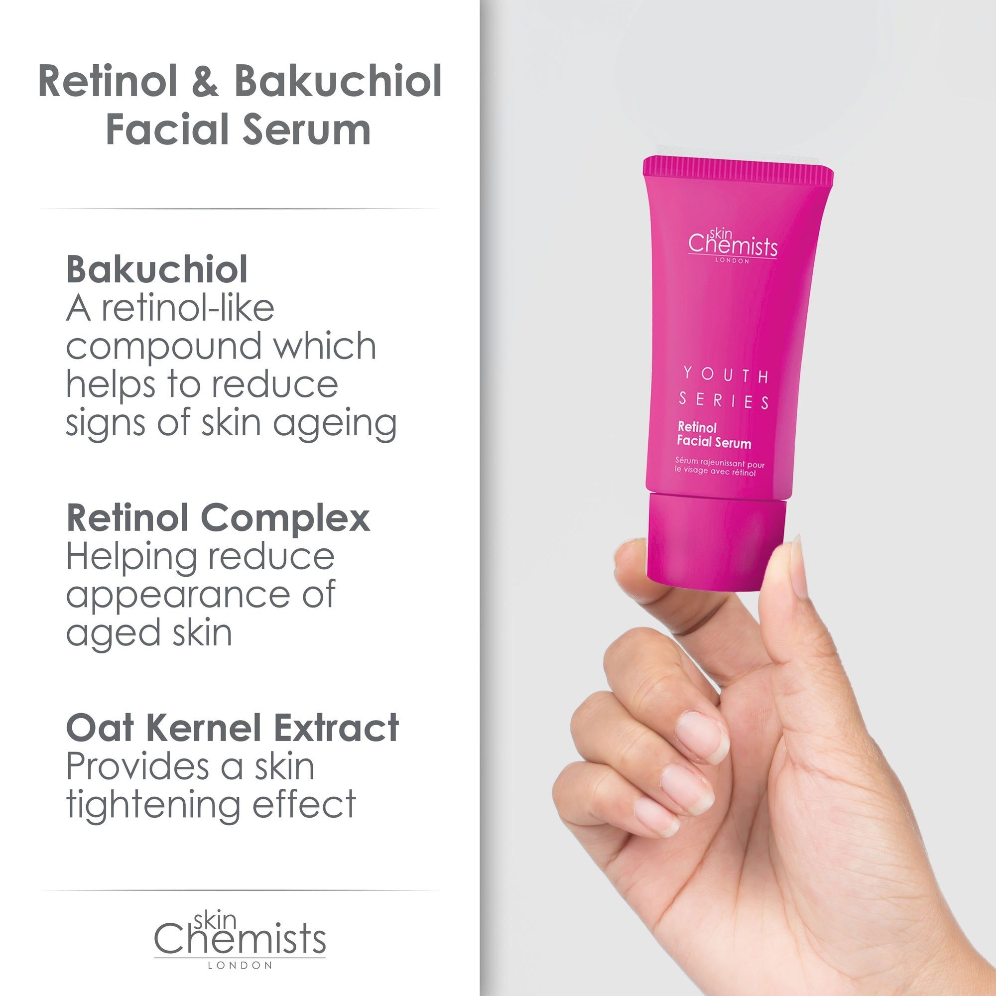 Hand hält eine rosa Tube mit "skinChemists" und "YOUTH SERIES Retinol Facial Serum". Text daneben beschreibt Inhaltsstoffe.