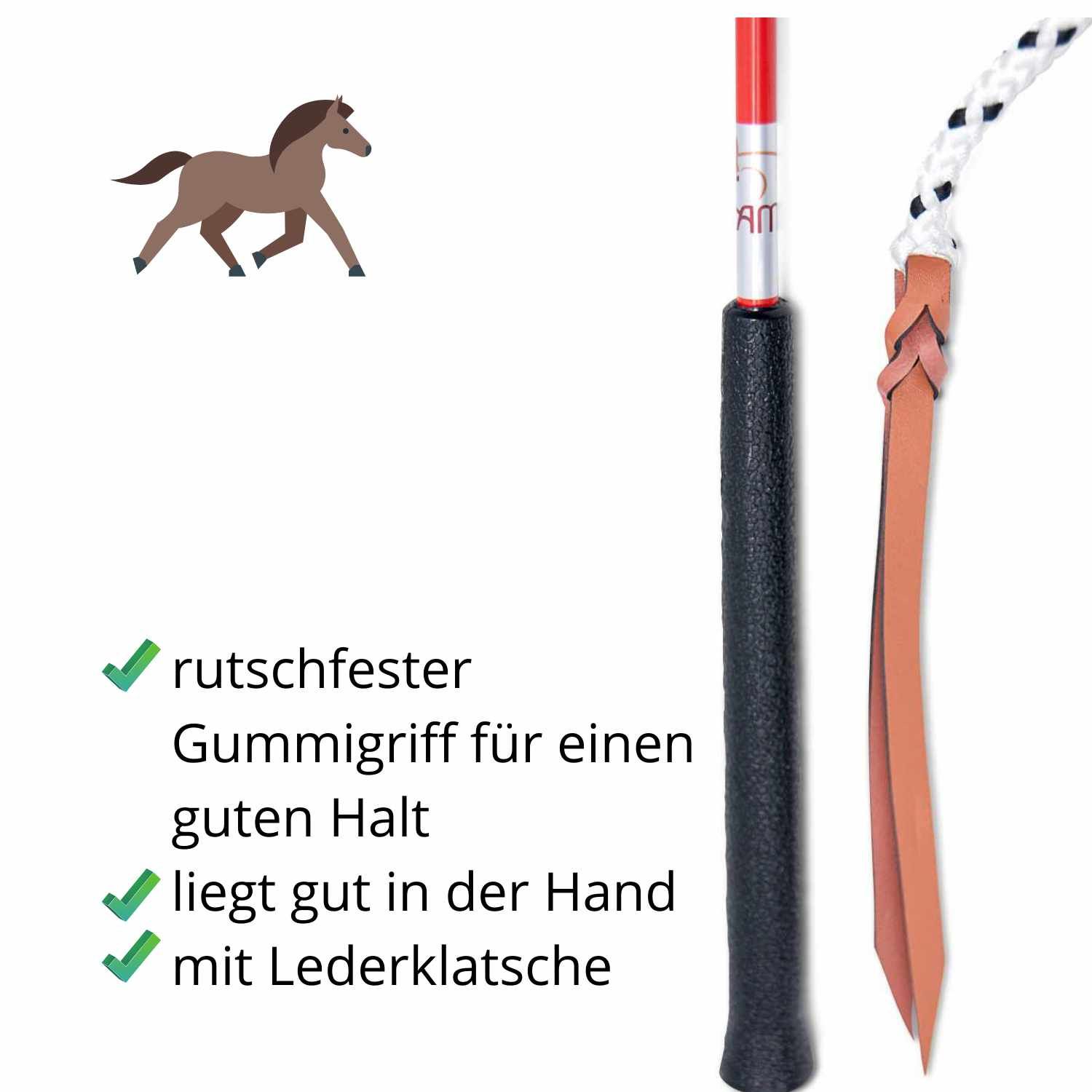 Nahaufnahme des Griffs eines roten Reitsticks. Schwarzer Griff, Lederklatsche, braunes Leder.