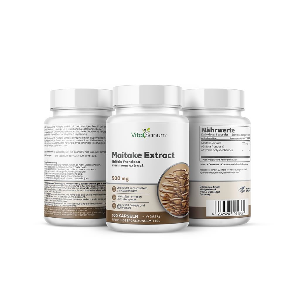 Drei Flaschen VitaSanum Maitake Extrakt Kapseln, 500 mg. Eine Flasche zeigt detaillierte Nährwertangaben.