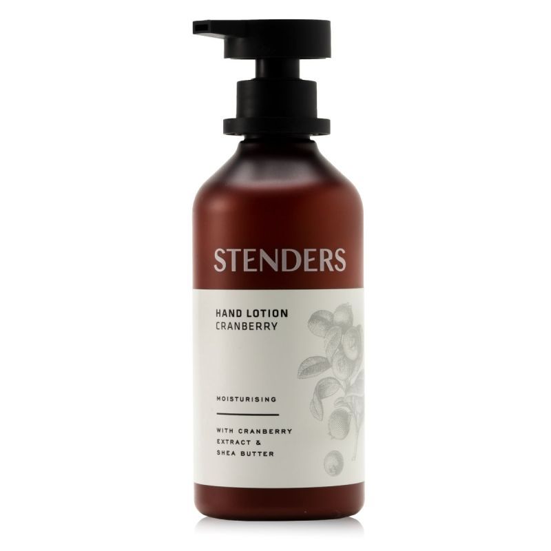 Braune Handlotion-Flasche mit schwarzem Pumpkopf. Aufschrift: STENDERS, Hand Lotion Cranberry, feuchtigkeitsspendend.
