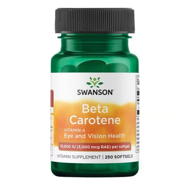 Grüne Flasche mit schwarzem Deckel. Etikett mit "SWANSON Beta Carotene" und "Vitamin A". 250 Softgels.