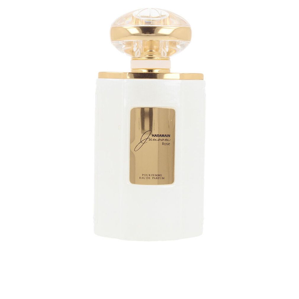 Weißer Flakon mit goldener Kappe. Aufschrift: Al Haramain Junoon Rose Eau De Parfum. Flakon steht.