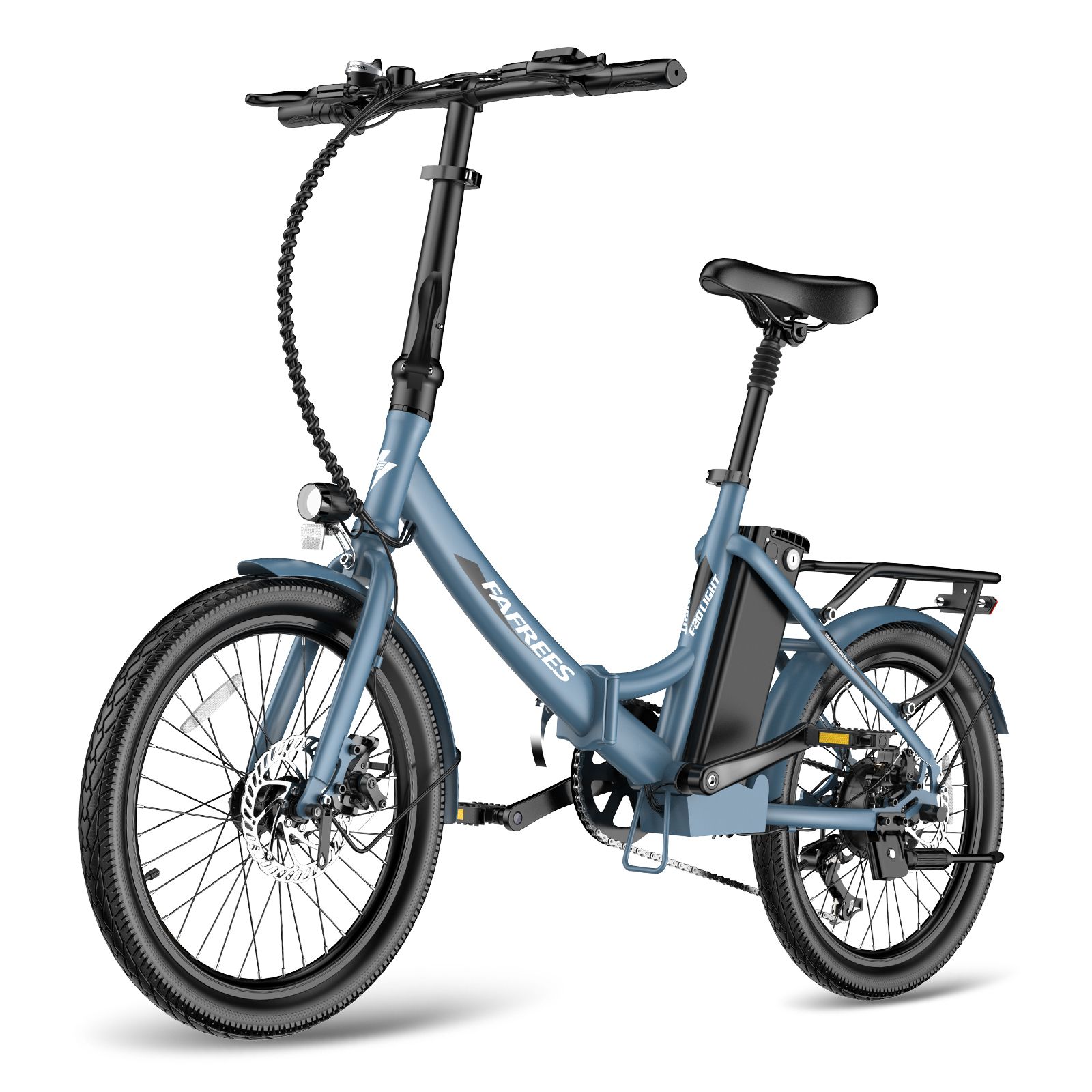 Blaues Falt-E-Bike mit schwarzem Sattel, Gepäckträger und Scheinwerfer. Marke FAFREES sichtbar.