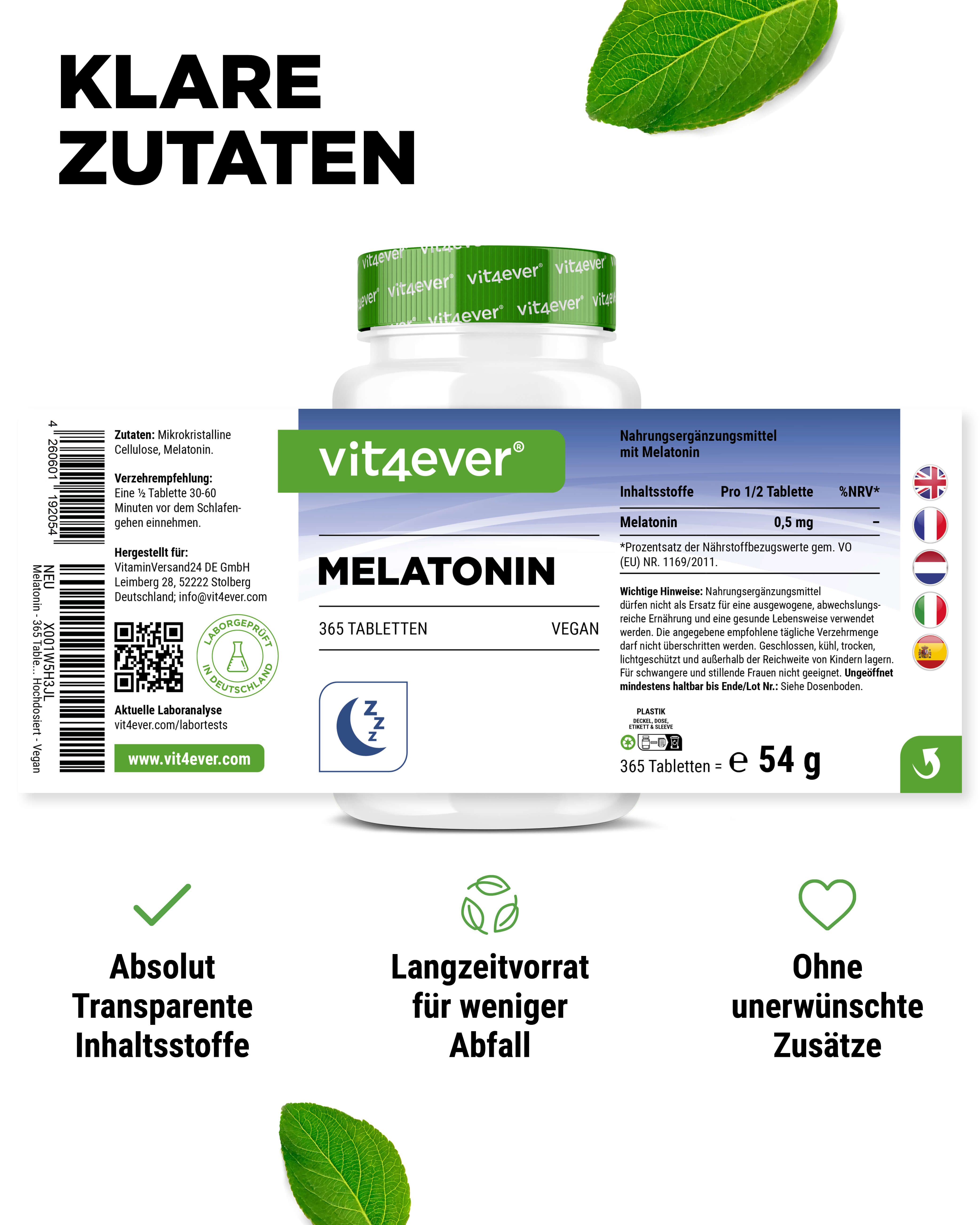Produktflasche mit Etikett. Aufschrift: vit4ever, Melatonin, 365 Tabletten. Zusätzliche Informationen.