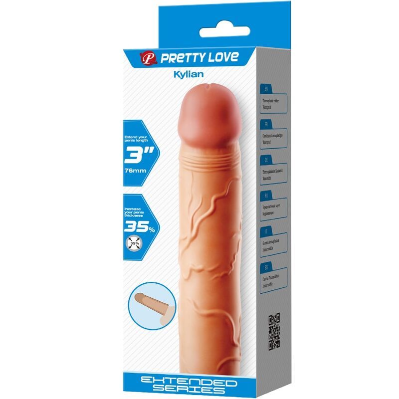 Verpackung von Pretty Love Kylian. Penishülle mit Hodenring. Produkt abgebildet. Text: Extend your penis length, 3", 35% thicker.