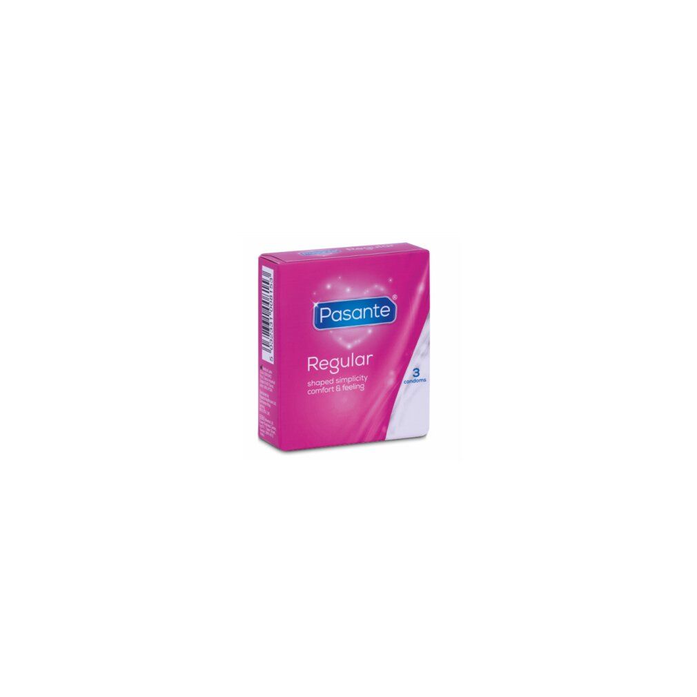 Rosa Schachtel mit Pasante Regular Kondomen. Enthält 3 Kondome.