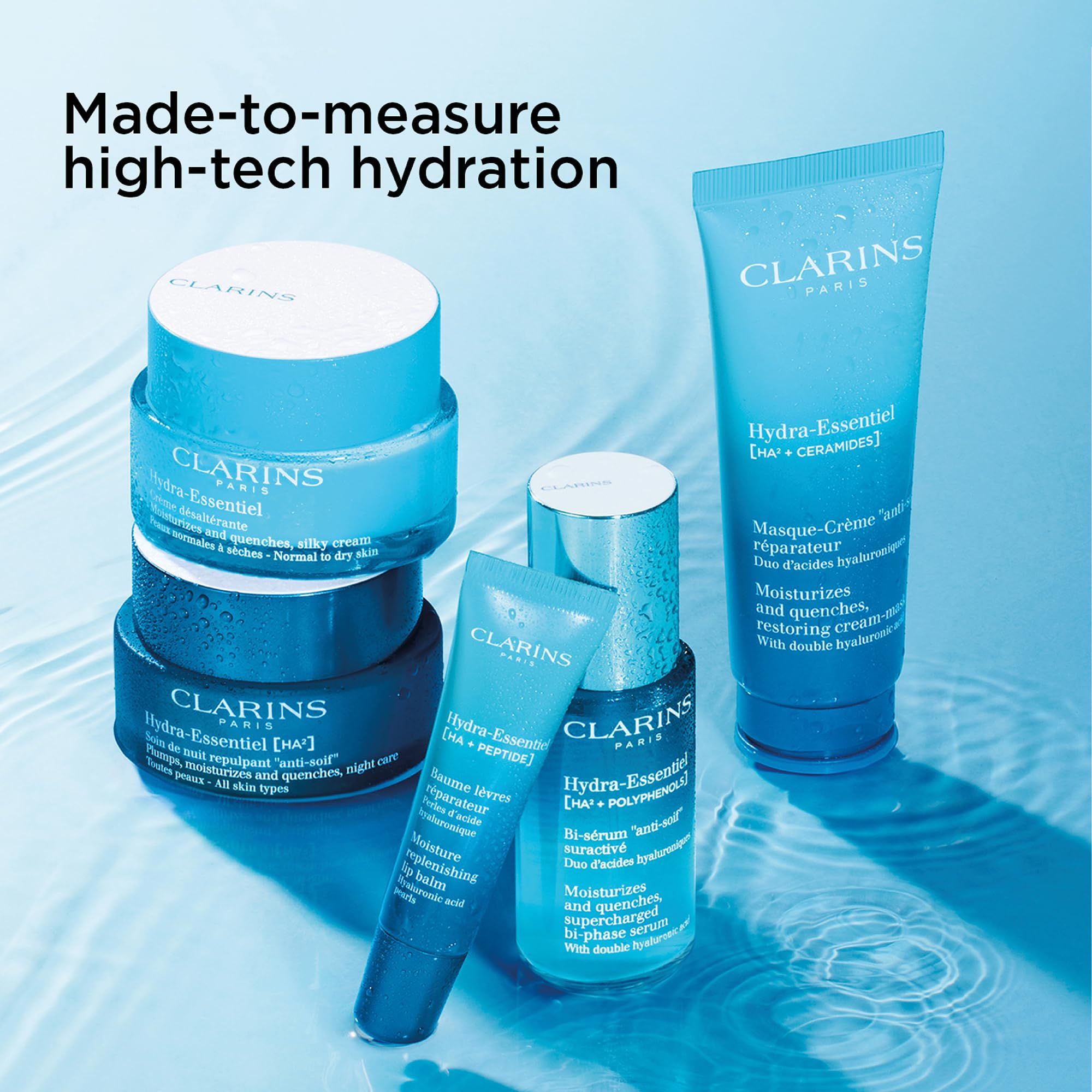 Verschiedene Clarins Hydra-Essentiel Produkte, darunter Lippenbalsam. Text: Made-to-measure high-tech hydration.