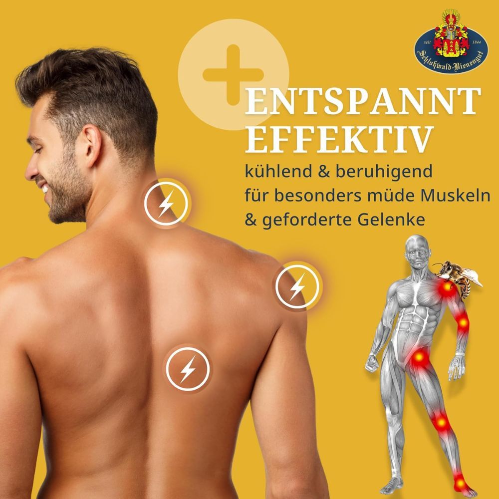 Werbebild. Mann mit Produkt. Text: Die ECHTE Bienengift-Salbe, entspannt effektiv, kühlt & beruhigt, für müde Muskeln & Gelenke.