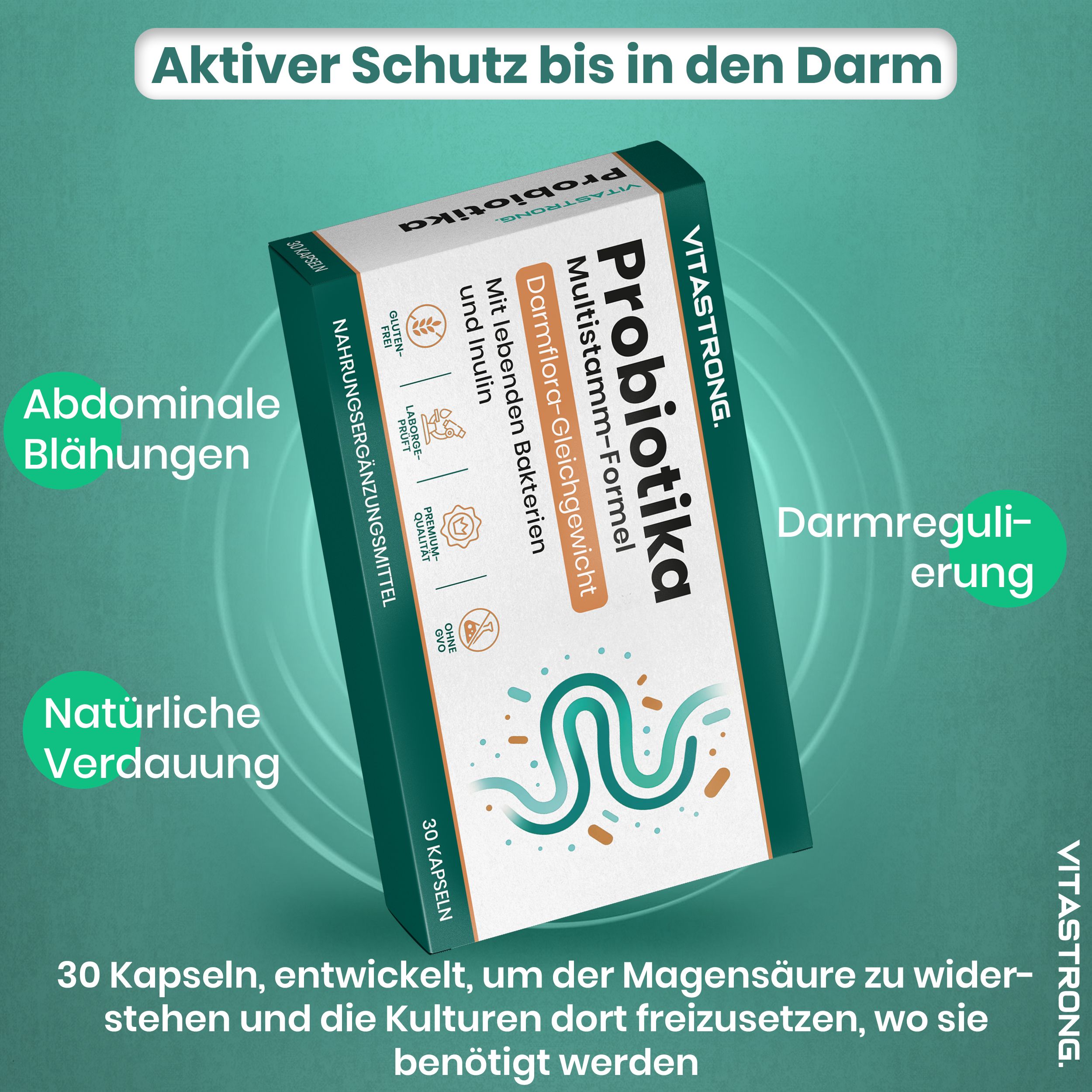 Schachtel Vitastrong Probiotika. Text: Aktiver Schutz bis in den Darm. 30 Kapseln. Vitastrong.