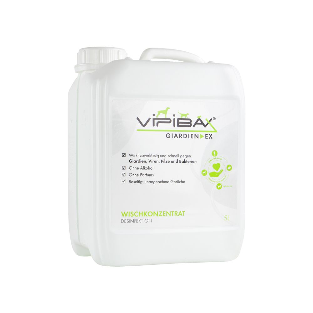 Weißer Kanister mit weißem Deckel und Griff. Aufschrift: ViPiBaX Giardien EX. Wischkonzentrat. 5L.