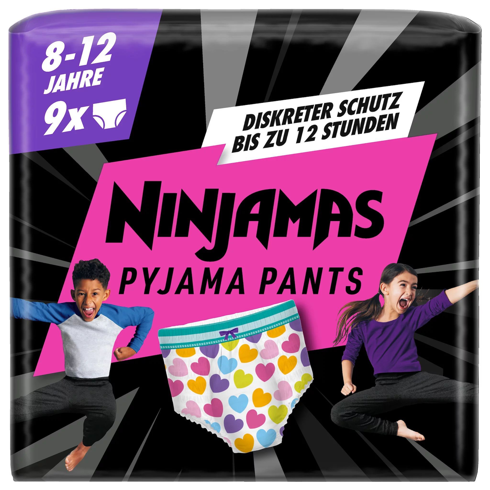 Verpackung Ninjamas Pyjama Pants, 9 Stück, für 8-12 Jahre, diskreter Schutz bis zu 12 Stunden.