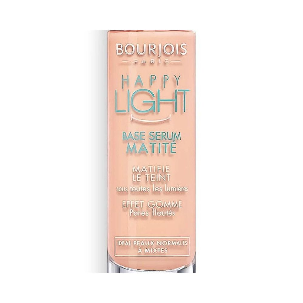Bourjois Happy Light Mattheit Serumbasis. Flasche mit Produkttext. Ideal für normale bis Mischhaut.