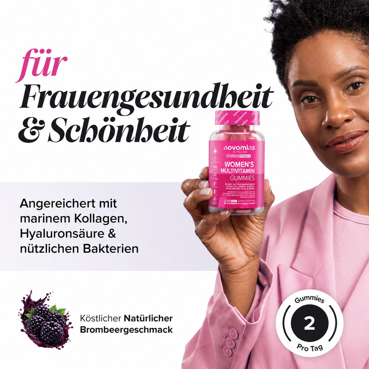 Frau hält eine Flasche mit Multivitamin Gummis für Frauen.