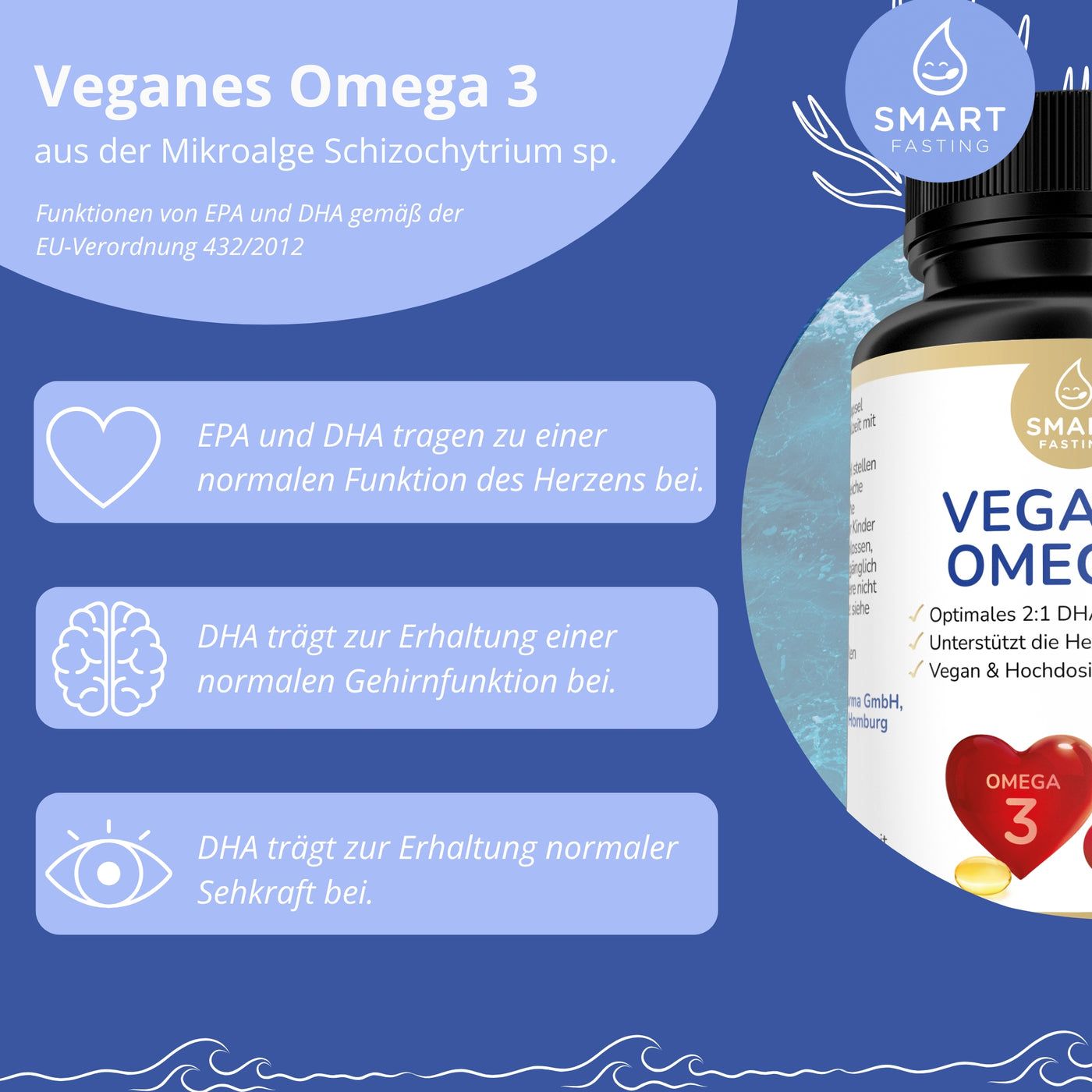 Braune Flasche mit veganem Omega 3. Text: DHA trägt zur normalen Gehirnfunktion bei. DHA trägt zur Erhaltung der Sehkraft bei.