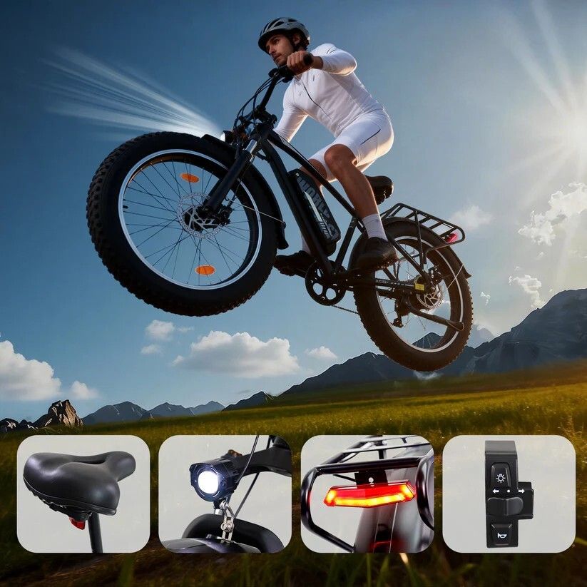 Person fährt Elektrofahrrad. Zusätzliche Bilder zeigen Sattel, Scheinwerfer, Rücklicht und Bedienelemente.