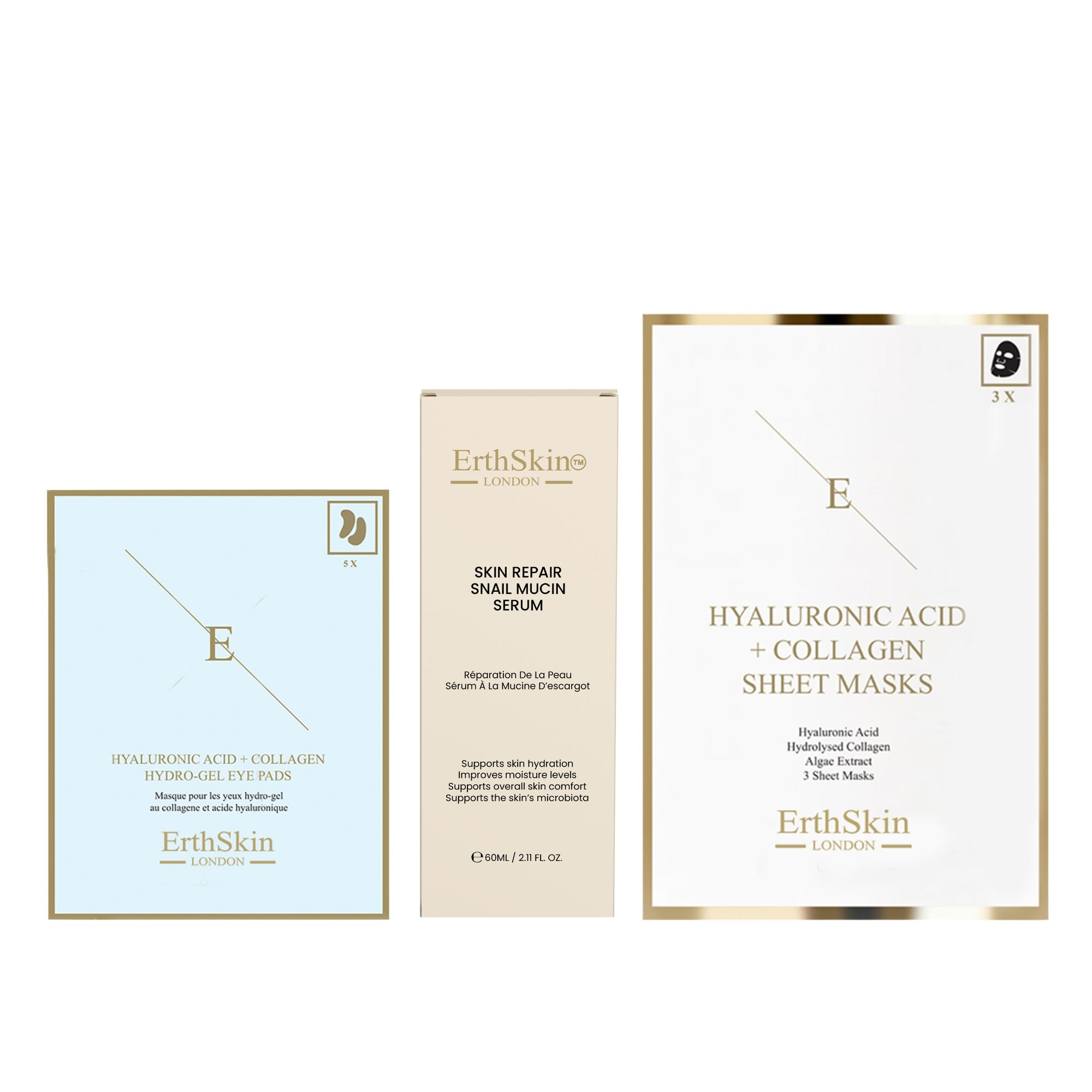 Hautpflege-Set: Hautreparatur-Schneckenserum, Kollagen-Augenpads und Kollagen-Gesichtsmasken.