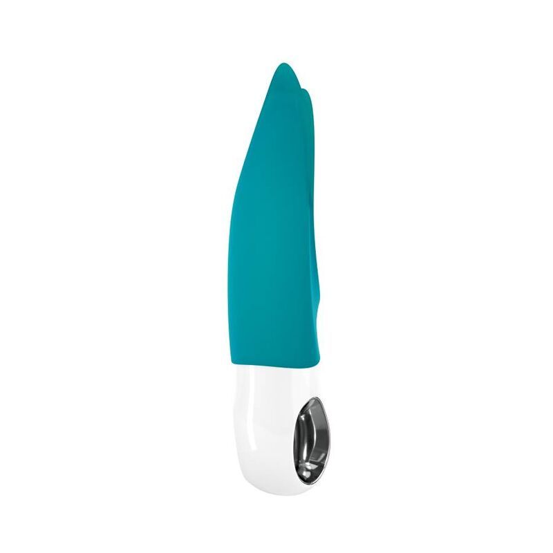 Türkiser Vibrator mit weißem Griff, seitliche Ansicht.