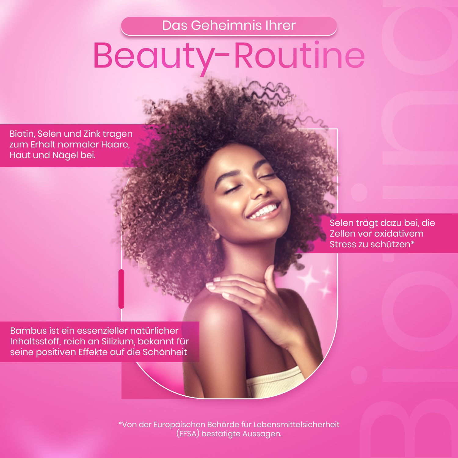 Frau mit lockigem Haar. Text: Biotin, Selen, Zink, Bambus. Text: Haut, Haare, Nägel. Text: Selen schützt Zellen.