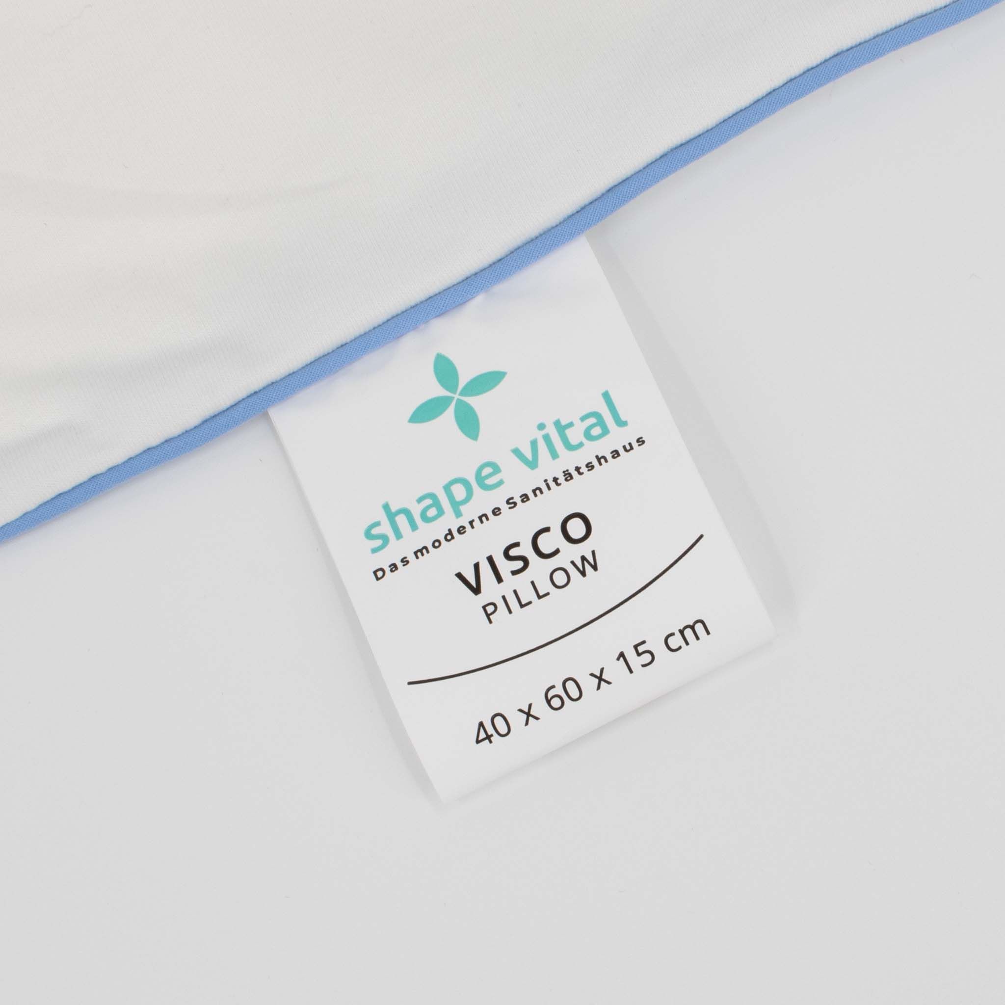 Etikett mit Logo und Text: shape vital, Visco Pillow, 40x60x15 cm.