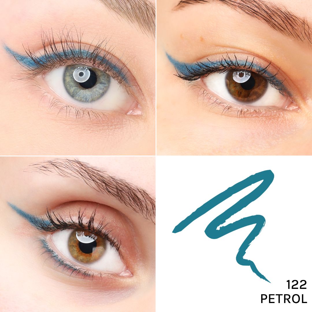 Augen mit blauem Kajal-Eyeliner. Farbton 122 Petrol. Vier Nahaufnahmen von Augen mit Lidstrich.