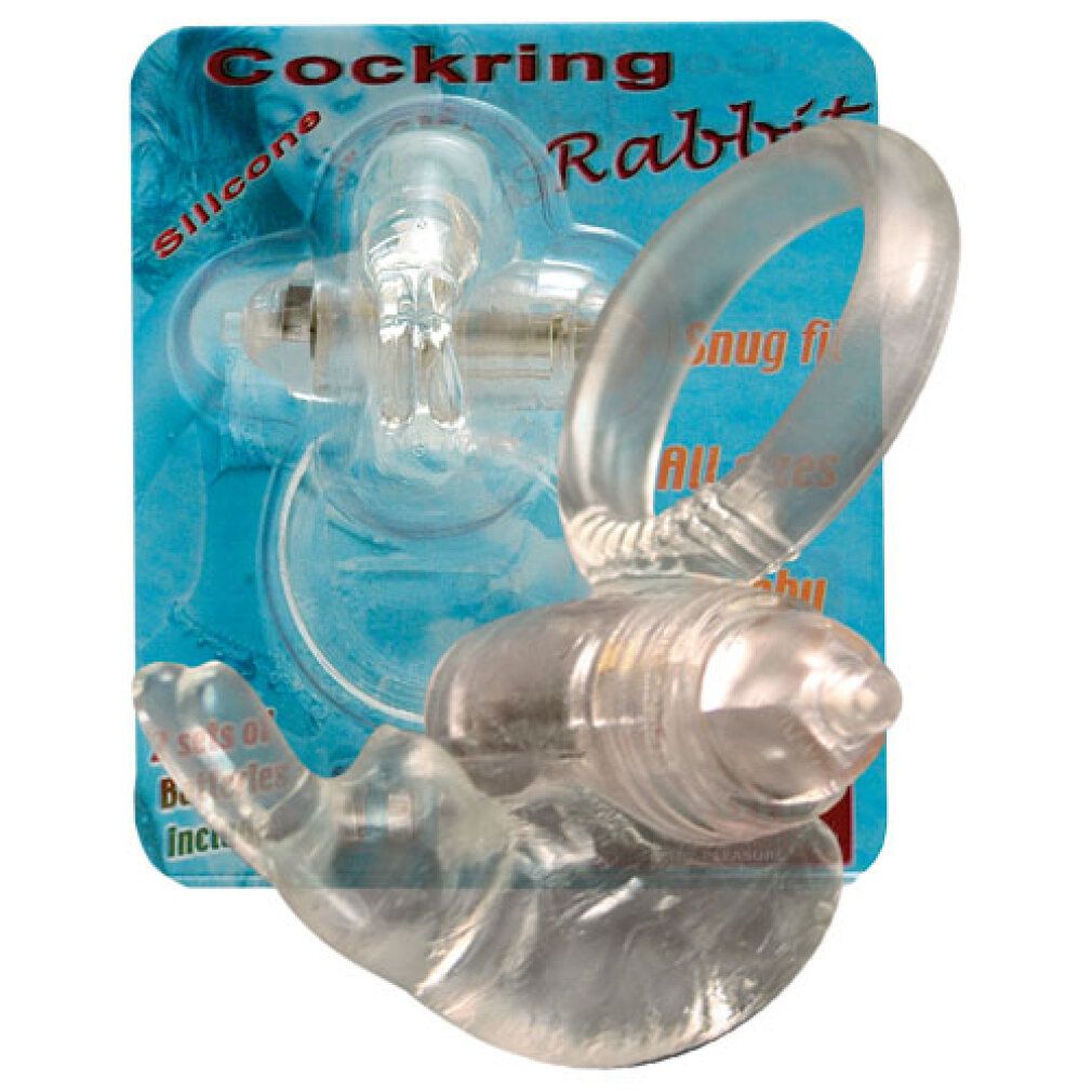 Transparenter Cockring mit Vibrationsfunktion und Hasenohren-Design. Verpackung mit Text: Silicone, Snug Fit, Rabbit.