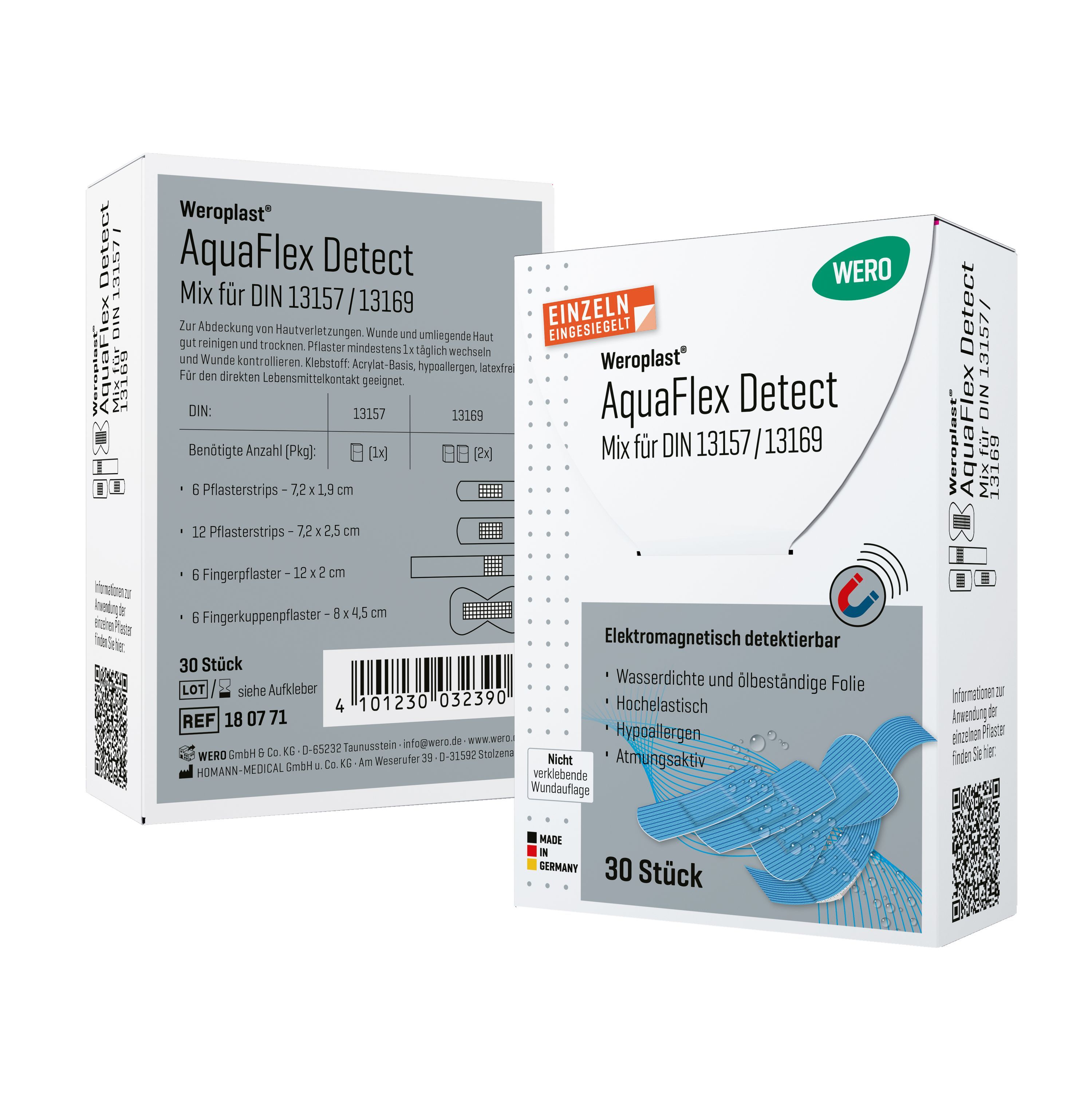 Packung WERO Weroplast AquaFlex Detect Pflaster. Einzeln versiegelt. 30 Stück. Produktinformationen und Größenangaben auf der Verpackung.