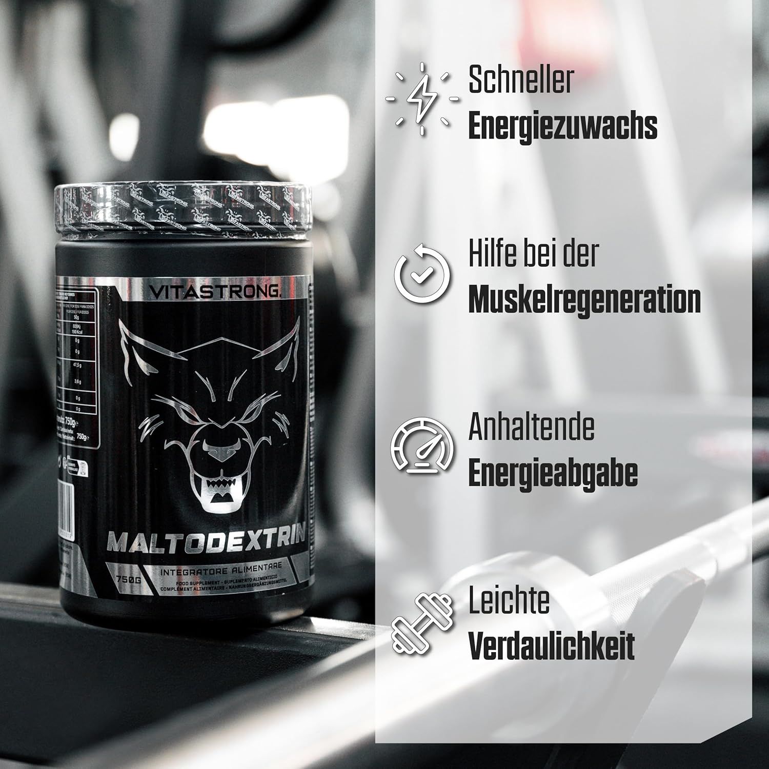 Dose Maltodextrin neben Fitnessgeräten. Text: Schneller Energiezusatz, Muskelregeneration, Energieabgabe, Verdauung.