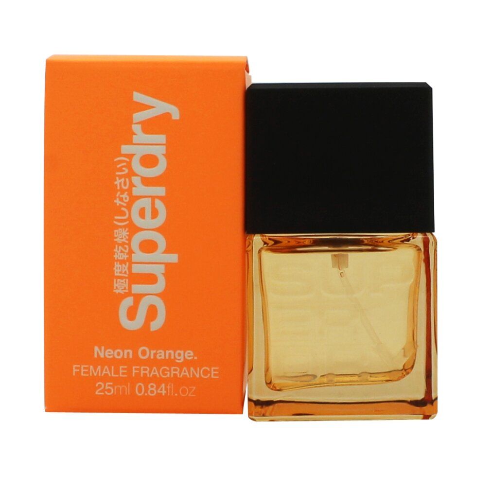 Superdry Neon Orange Eau de Cologne, Flakon und Verpackung. Orangefarbene Verpackung mit weißem Schriftzug. Schwarzer Verschluss.