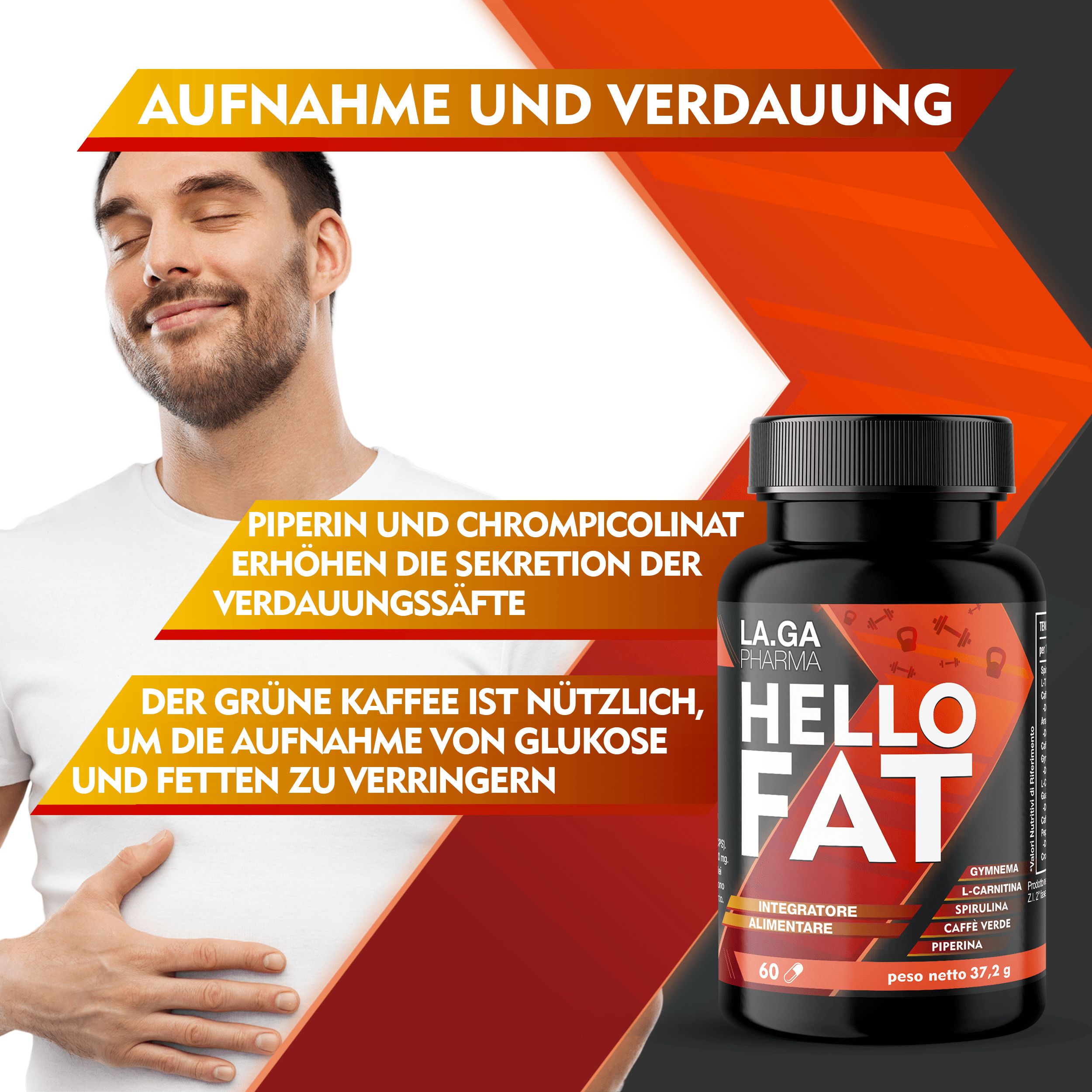 Schwarze Flasche Hello Fat. Mann lächelt. Text: Aufnahme und Verdauung. Grüner Kaffee. Piperin und Chrom.