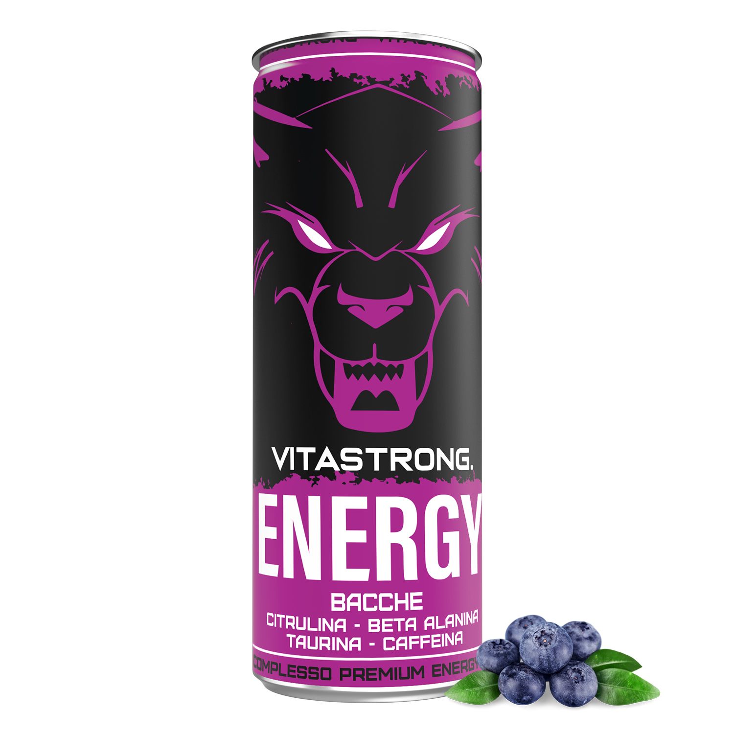 Dose mit Vitastrong Energy Berries. Schwarzer Hintergrund, lila Akzente, Produktname und Inhaltsstoffe.