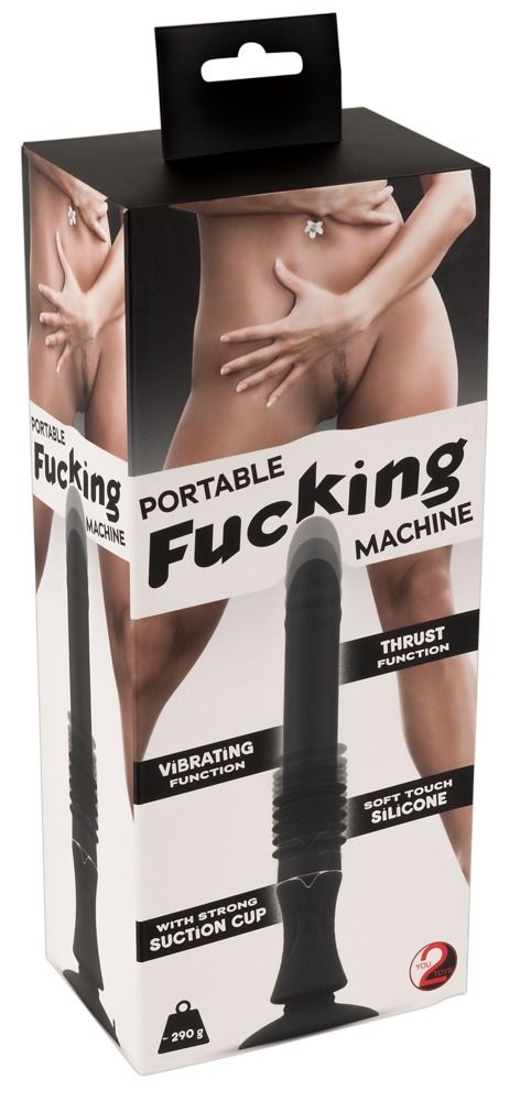 Verpackung mit Produktabbildung. Schwarzes, längliches Gerät mit Saugfuß. Text: Portable Fucking Machine, Vibrating Function.