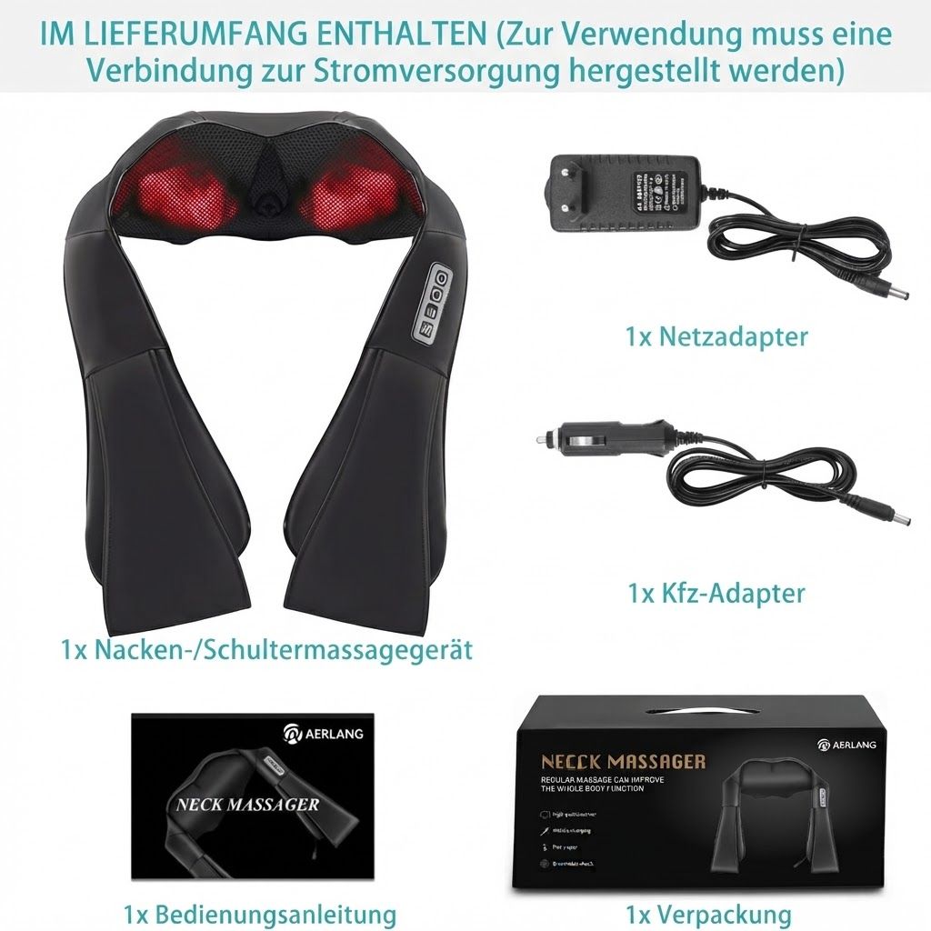 Inhalt einer Nackenmassagegerät-Verpackung: Gerät, Netzteil, Kfz-Adapter, Anleitung.