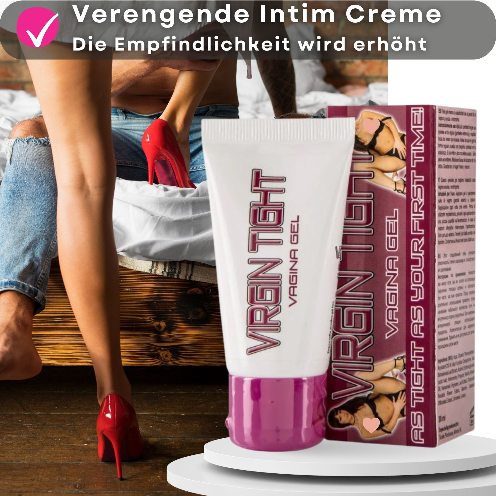 Weiß-pinke Tube VIRGIN TIGHT VAGINA GEL. Paar im Hintergrund. Rote Schuhe.