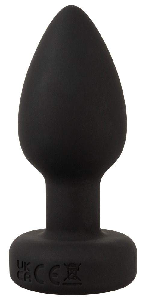 Schwarzer Analplug. Kegelförmiger Schaft mit rundem Ende. CE-Kennzeichnung und andere Symbole auf dem Boden.