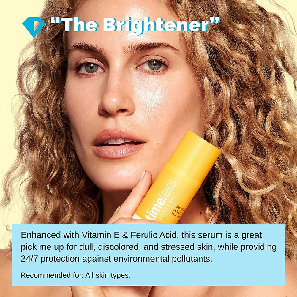 Frau hält gelbe Flasche. Aufschrift: timeless skin care. Text: Mit Vitamin E & Ferulasäure. Empfohlen für alle Hauttypen.