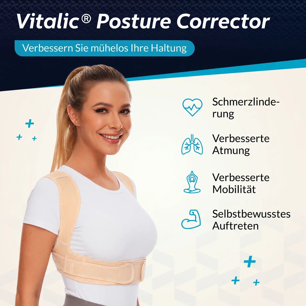 Frau trägt einen beigen Haltungskorrektor. Text: VITALIC Posture Corrector.