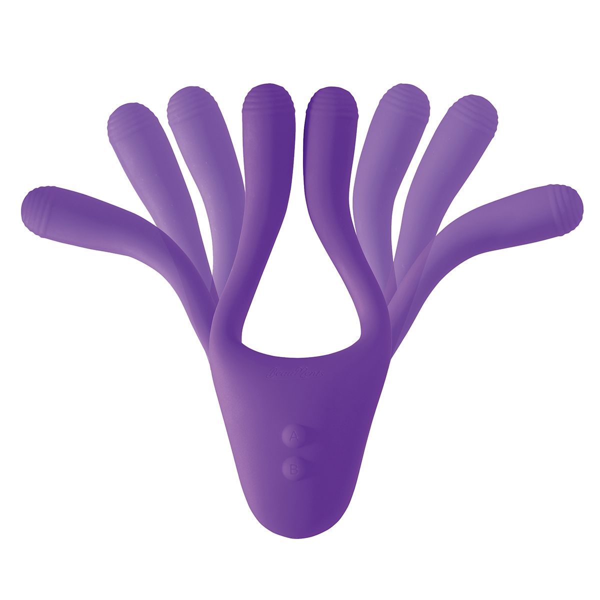 Lila Produkt mit sechs flexiblen Armen. Zwei Knöpfe am unteren Ende. Abgerundete Spitzen.