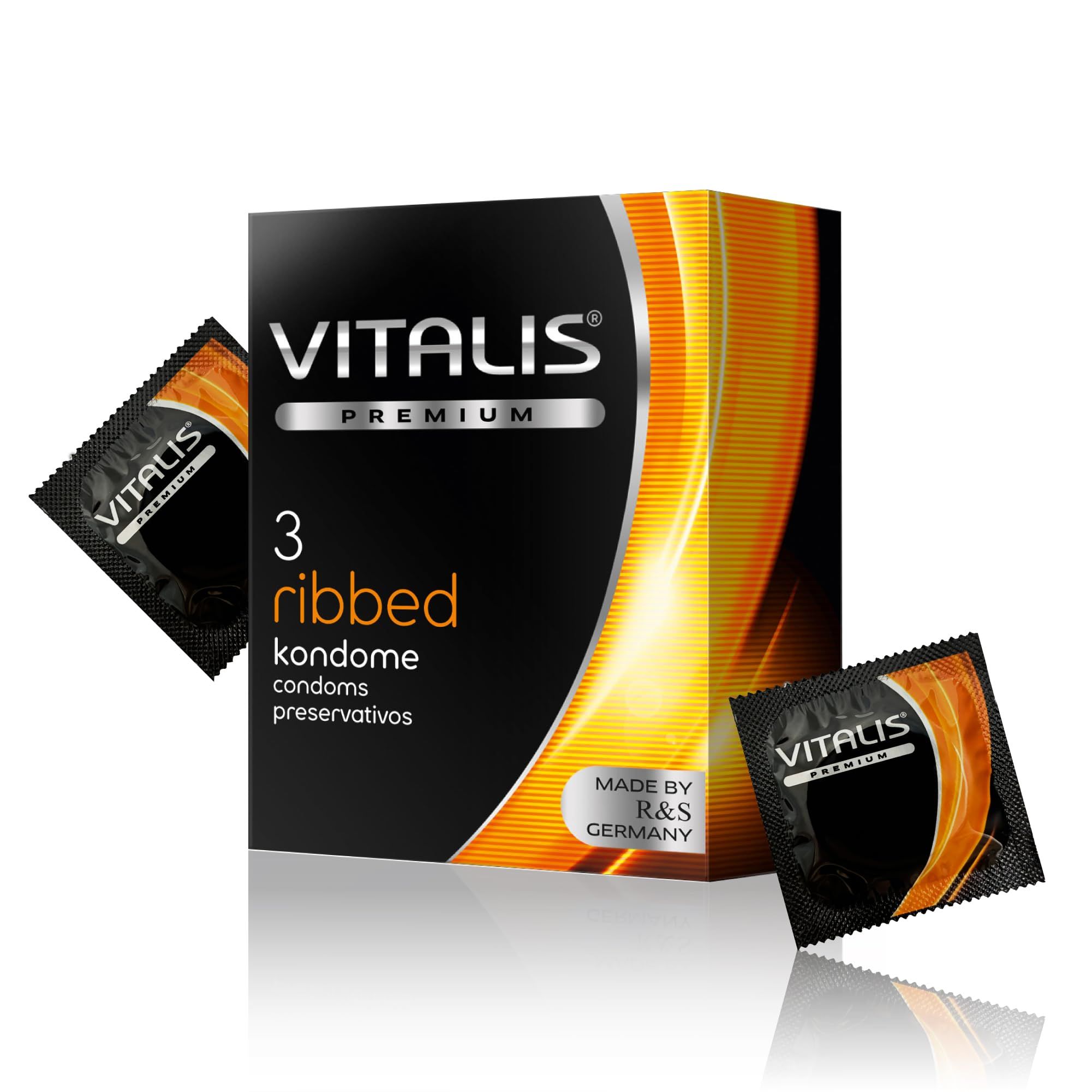 Vitalis PREMIUM Ribbed Kondom-Packung für 3 Stück, mit zwei einzelnen Päckchen.