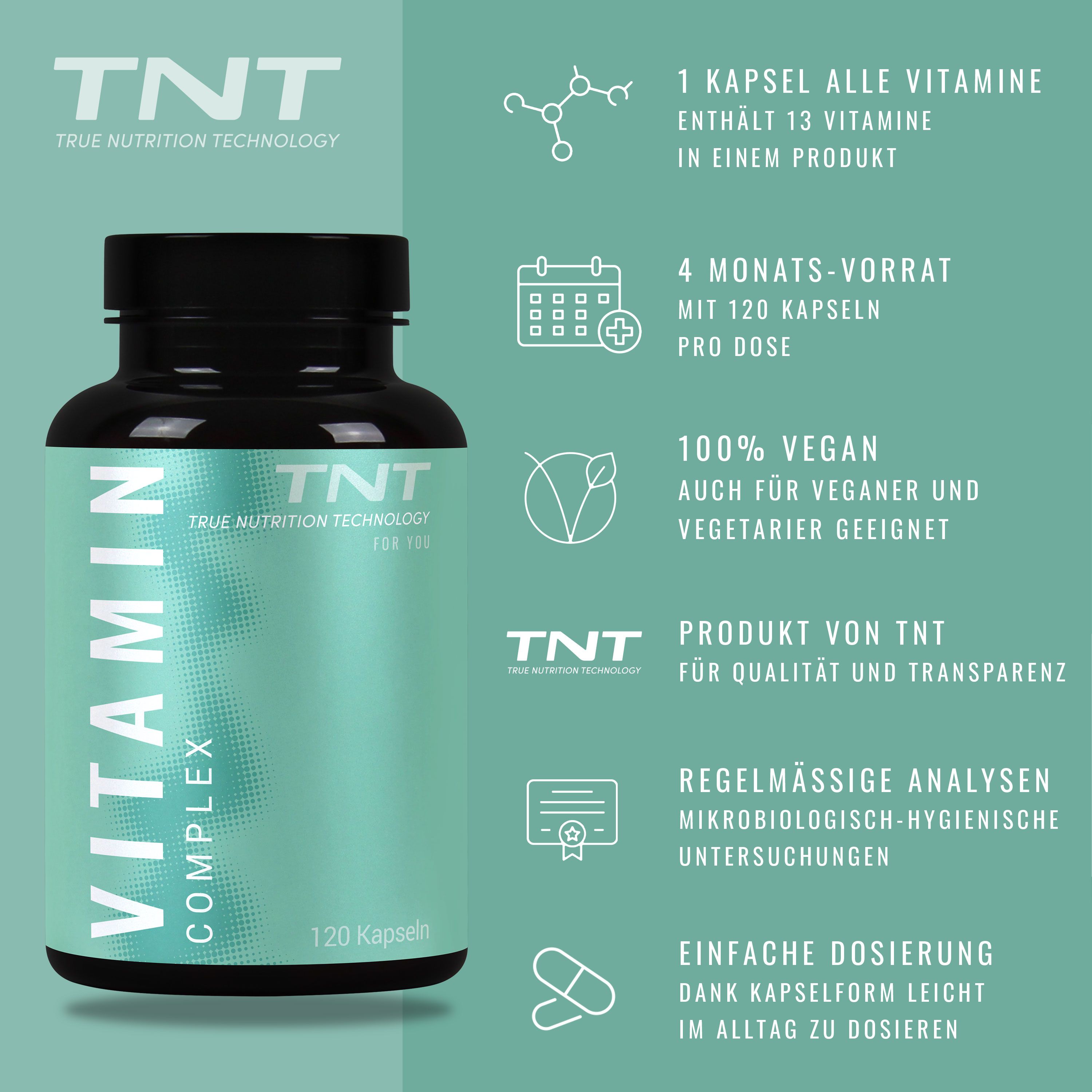 Grüne Flasche mit schwarzem Deckel. Aufschrift: Vitamin Complex. Enthält 120 Kapseln. Zusätzliche Informationen.