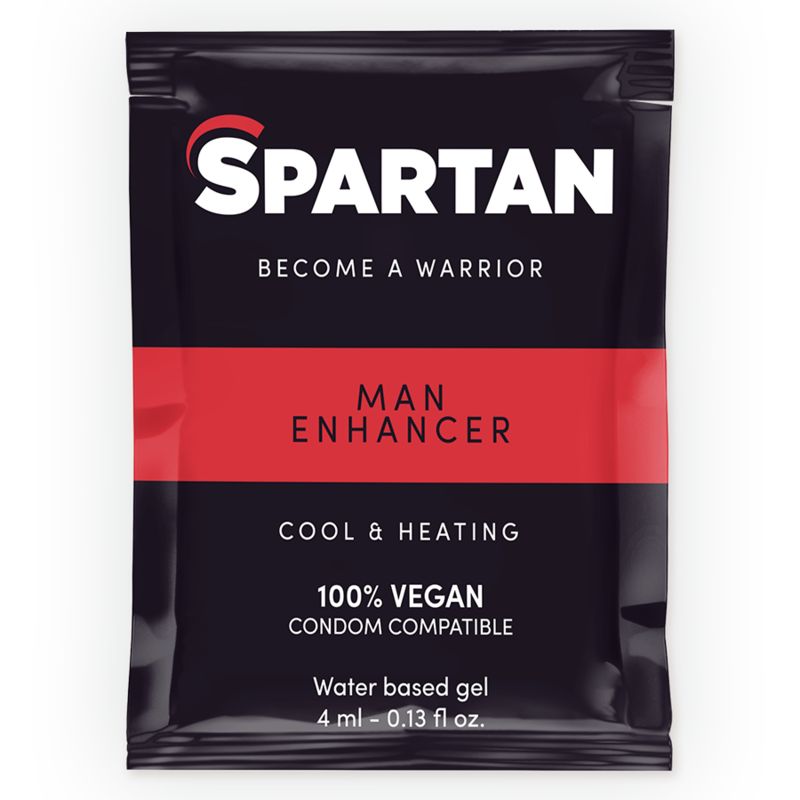 Schwarzer Beutel mit rotem Streifen. Enthält Text: "SPARTAN", "MAN ENHANCER", "100% VEGAN".