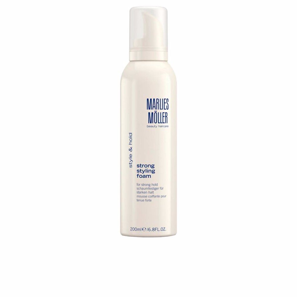 Weiße Flasche mit blauem Aufdruck. Enthält Marlies Möller Style & Hold Strong Styling Foam. 200ml.