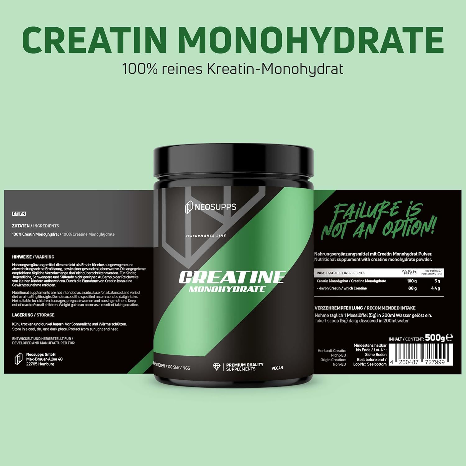 Schwarze Dose mit grünem Etikett. Aufschrift: Creatine Monohydrate. Marke: Neosupps. Neben Packungsbeilagen mit Produktinformationen.