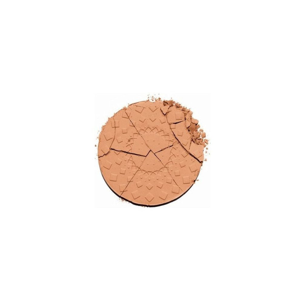Runder, brauner Bronzer-Puder mit geprägtem Muster. Einige Risse sind sichtbar.
