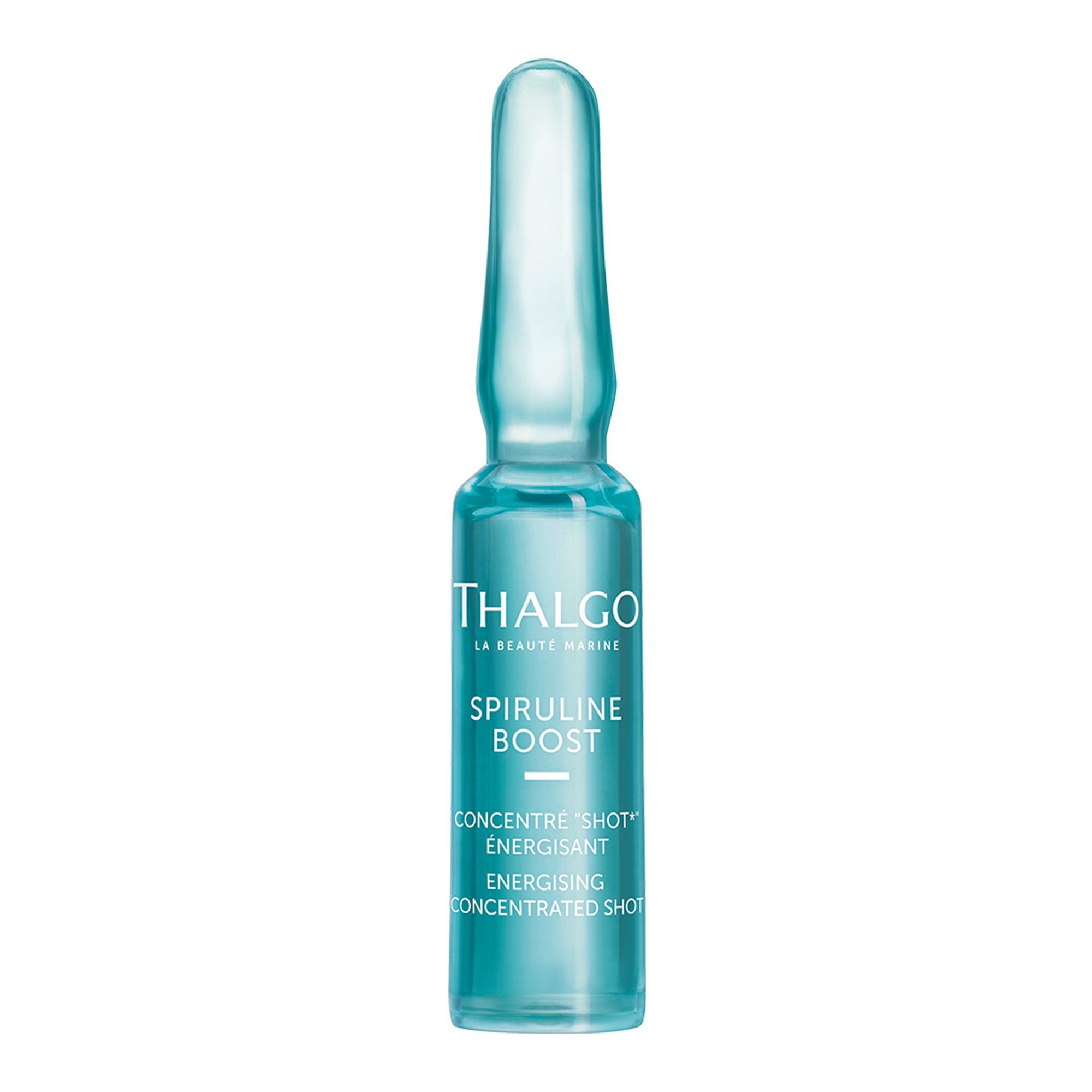Ampulle mit blauem Inhalt. Beschriftung: THALGO, Spiruline Boost, Concentré Shot Énergisant.