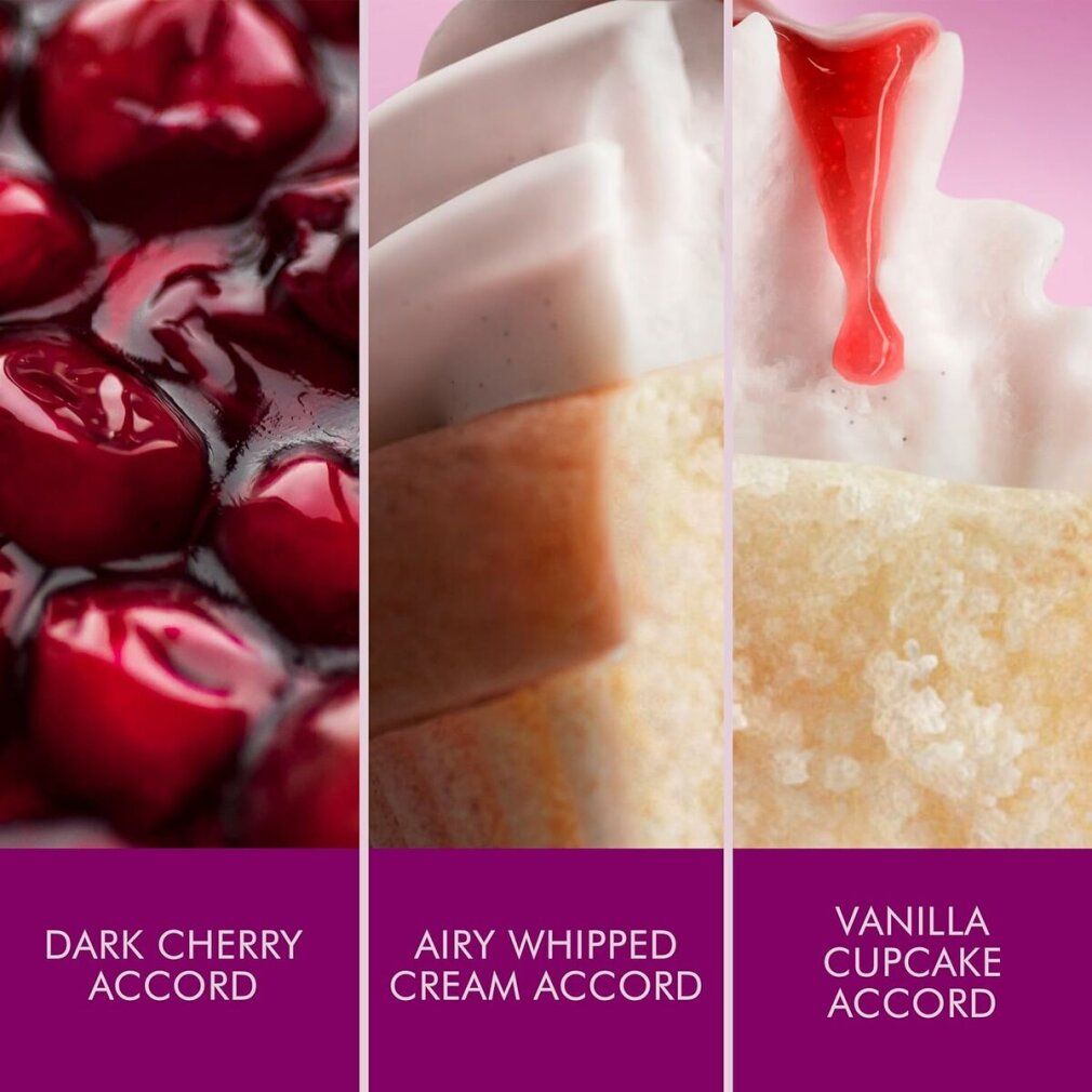 Drei Bilder: Kirschen, Sahne, Kuchen. Text: Dark Cherry, Airy Whipped Cream, Vanilla Cupcake.