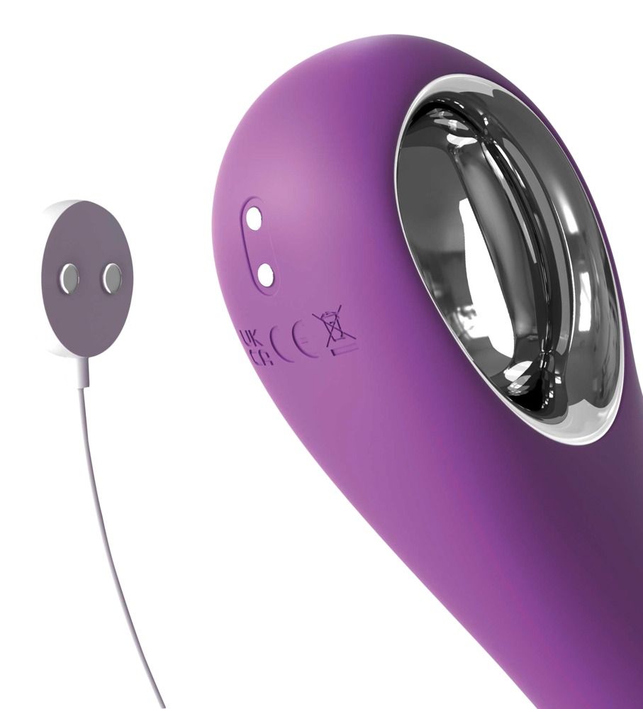 Lila Vibrator mit silbernen Akzenten. Sichtbar: Ladeanschluss, Bedienknöpfe, CE-Kennzeichnung.
